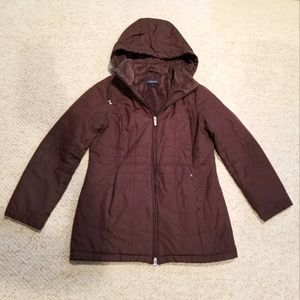 LAND'S END Brown Quilted Fleece-Lined Jacket with Detachable Hood